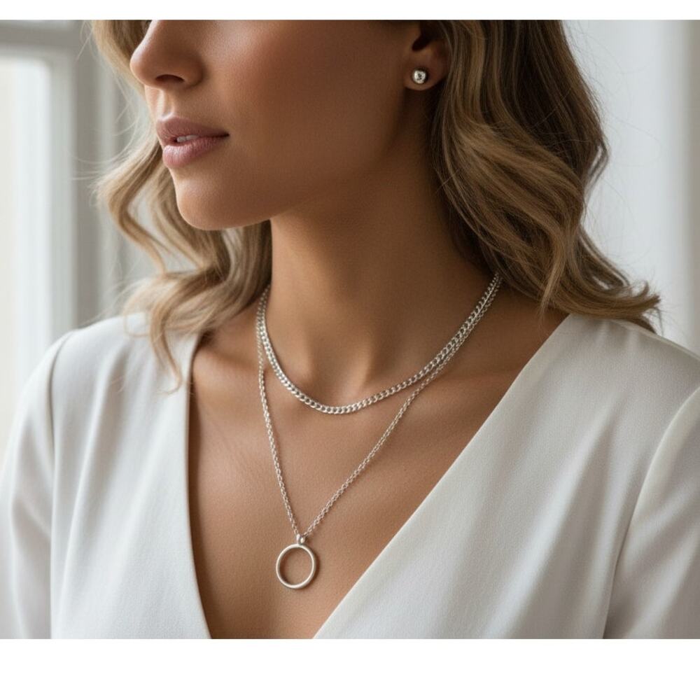 Carisma Layered Necklace Silver Circle Pendant & Stud Earrings Set Women Gifts